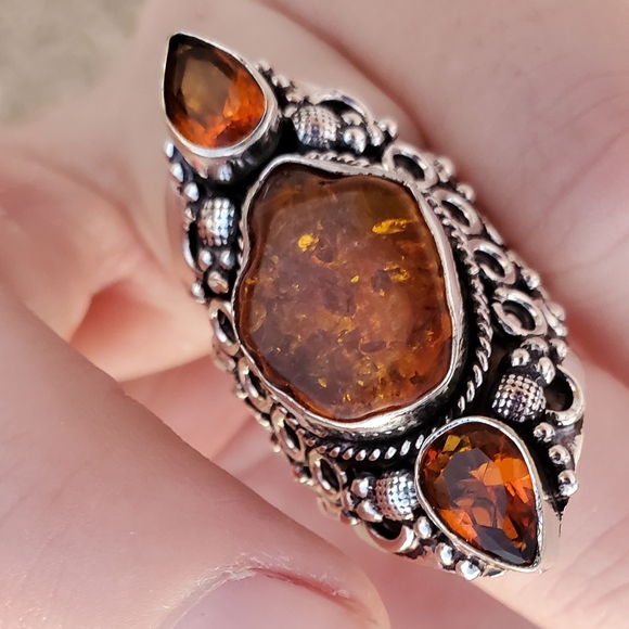 New Baltic Amber & Citrine 925 Silver Statement Ring. - Picture 3 of 13